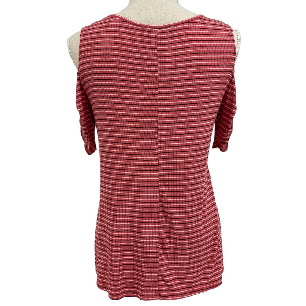 Naif Casual Shirt Womens Short Sleeve Striped Ribbed Knit Cold Shoulder Size M - Picture 2 of 10